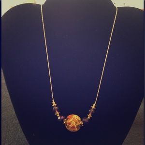 Purple Chec crystals and lamp work necklace 18”